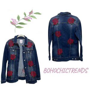 LuLaRoe Floral Embroidered Denim Jacket, Size Small